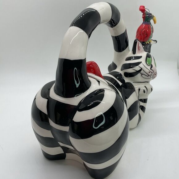 Blue Sky Clancy Heart Striped Cat Teapot with Parrot Accent - Picture 2 of 9